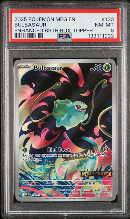 2025 Pokemon Meg En-Mega Evolution 133 Bulbasaur Enhanced Bstr Box Topper - PSA 8