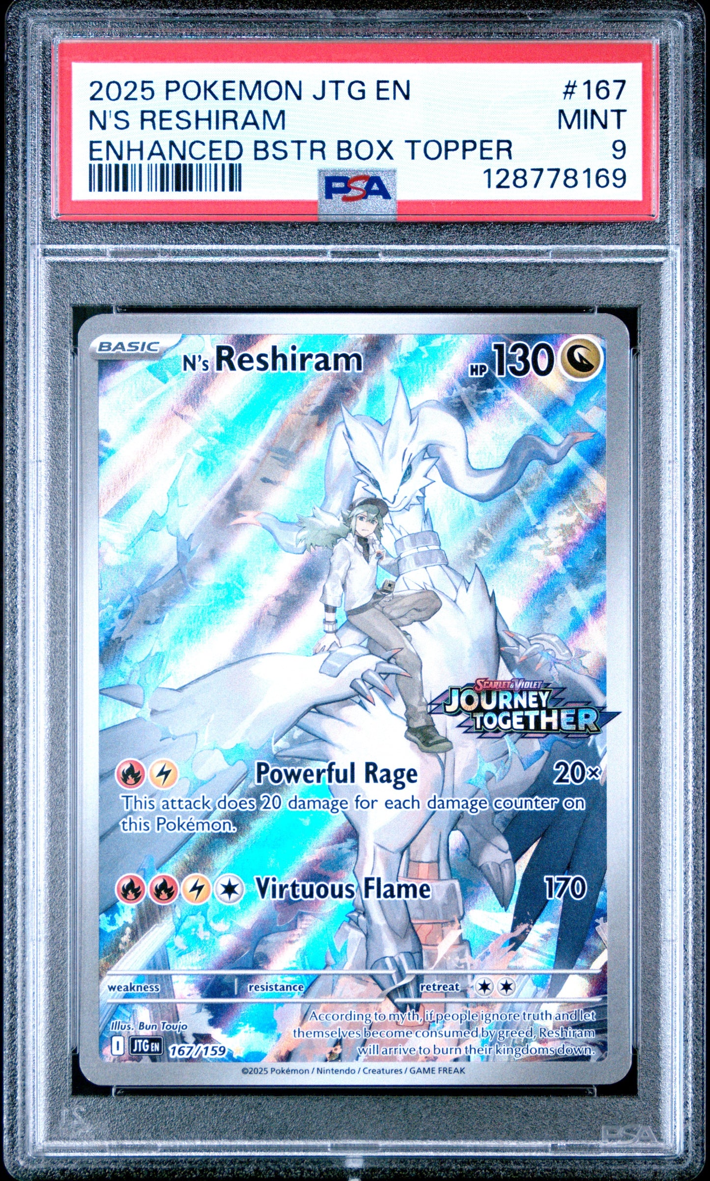 2025 Pokemon Jtg En-Journey Together 167 N's Reshiram Enhanced Bstr Box Topper - PSA 9