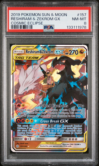 2019 Pokemon Sun & Moon Cosmic Eclipse 157 Reshiram & Zekrom Gx Cosmic Eclipse - PSA 8