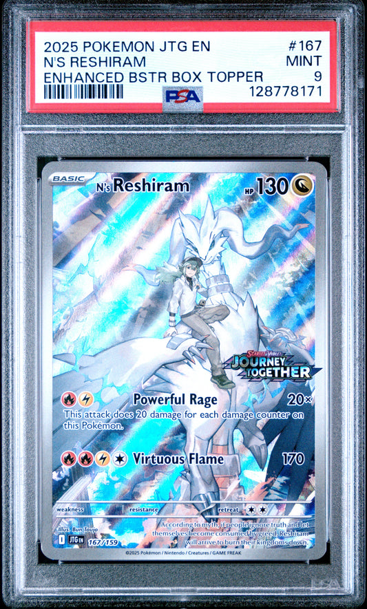 2025 Pokemon Jtg En-Journey Together 167 N's Reshiram Enhanced Bstr Box Topper - PSA 9