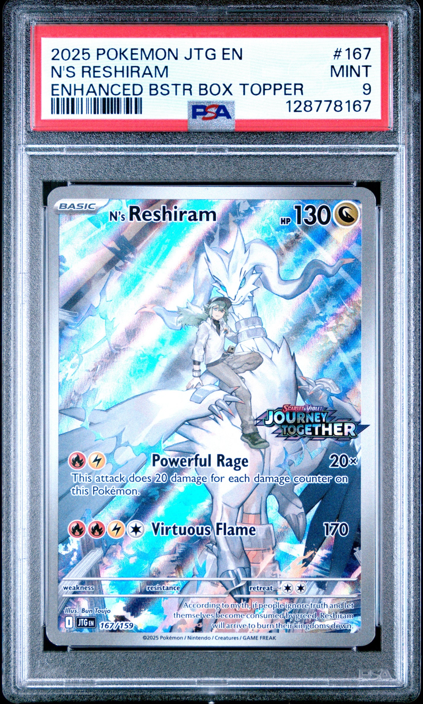 2025 Pokemon Jtg En-Journey Together 167 N's Reshiram Enhanced Bstr Box Topper - PSA 9