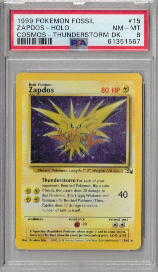 1999 Pokemon Fossil 15 Zapdos-Holo Cosmos-Thunderstorm Dk. - PSA 8