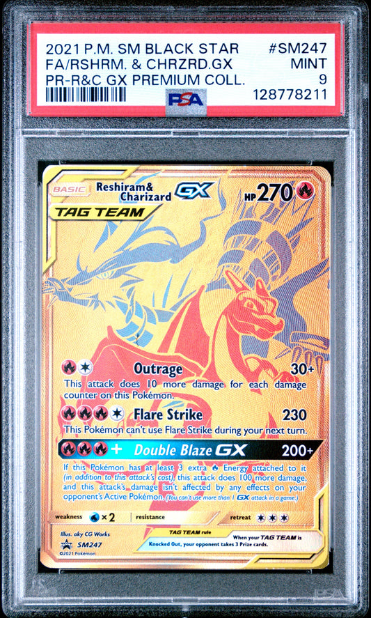 2021 Pokemon Sm Black Star Promo Sm247 Reshiram & Charizard GX Pr-R&C Gx Premium Coll. - PSA 9