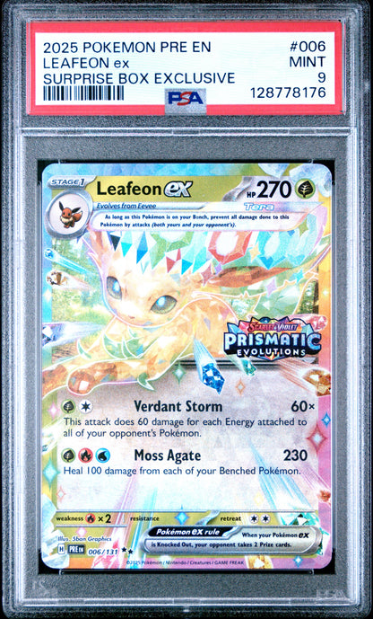 2025 Pokemon Pre En-Prismatic Evolutions 006 Leafeon Ex Surprise Box Exclusive - PSA 9