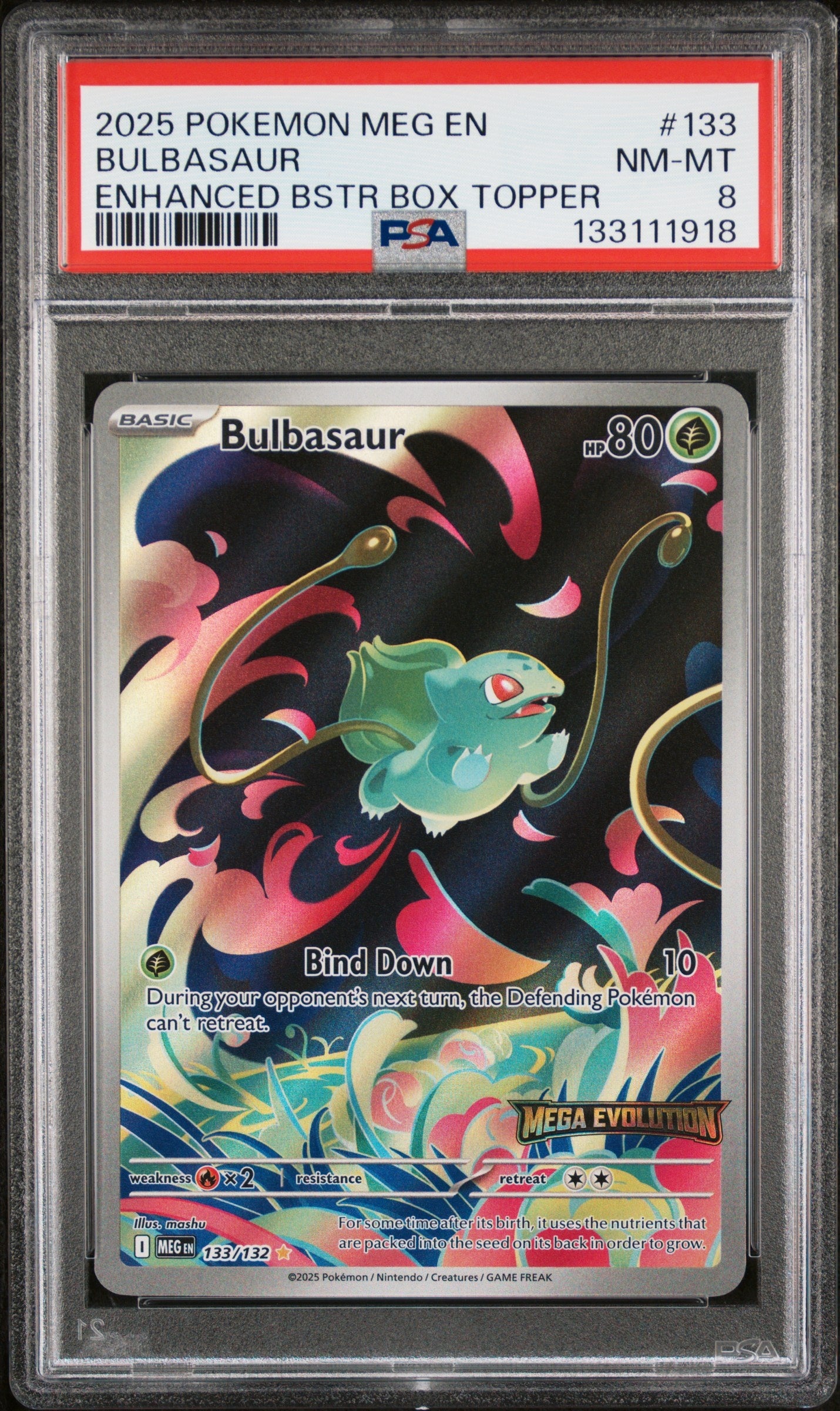 2025 Pokemon Meg En-Mega Evolution 133 Bulbasaur Enhanced Bstr Box Topper - PSA 8