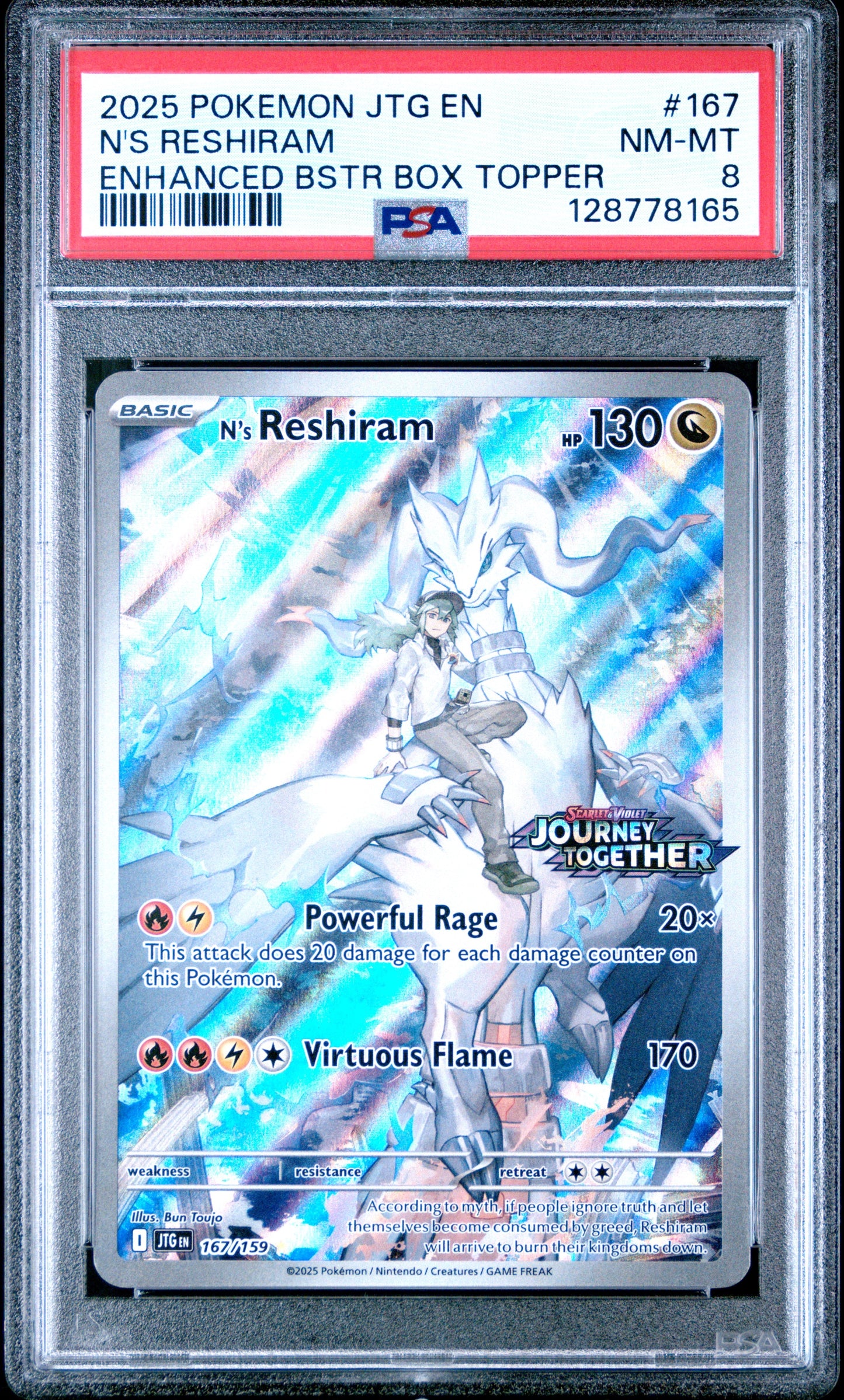 2025 Pokemon Jtg En-Journey Together 167 N's Reshiram Enhanced Bstr Box Topper - PSA 8