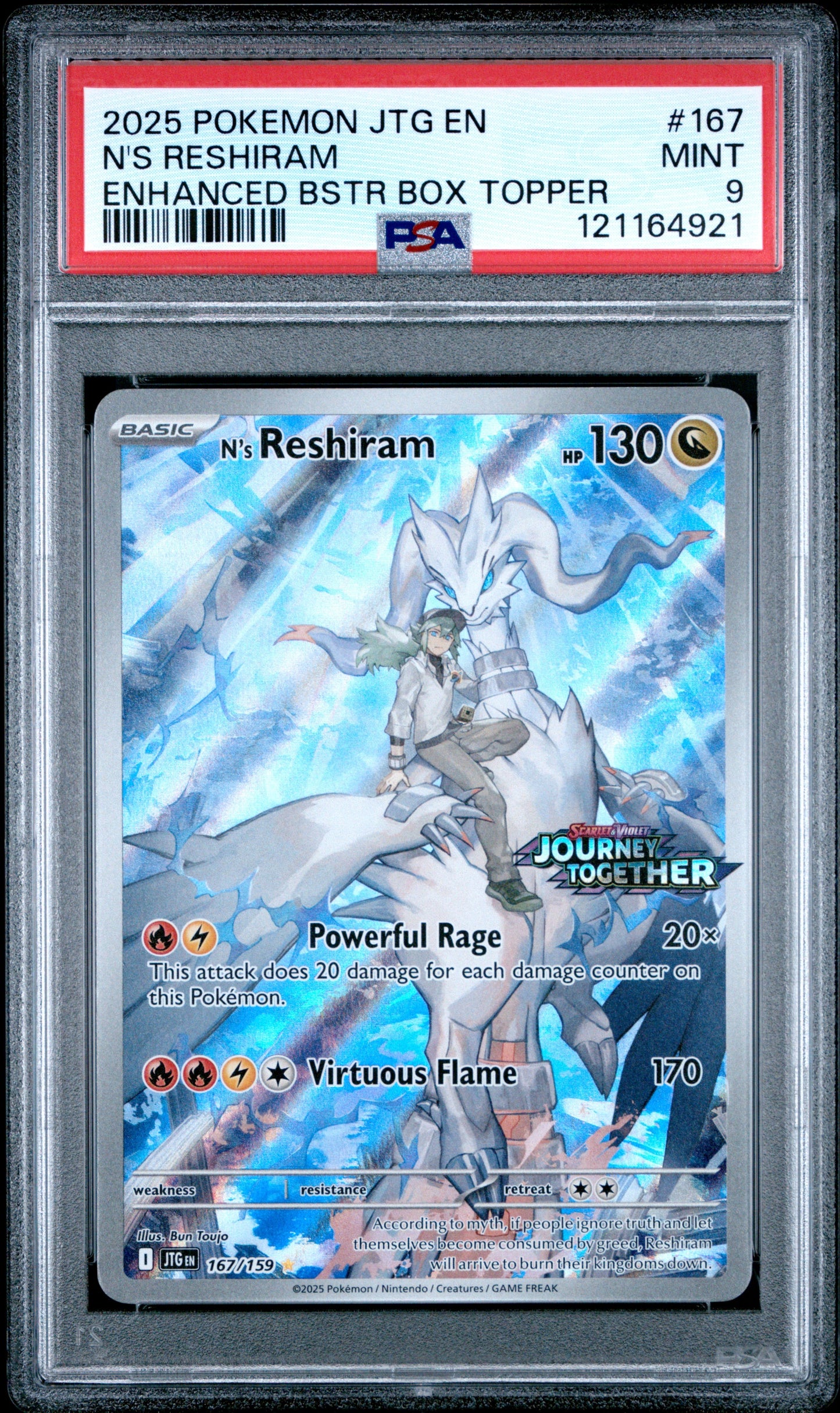2025 Pokemon Jtg En-Journey Together 167 N's Reshiram Enhanced Bstr Box Topper - PSA 9