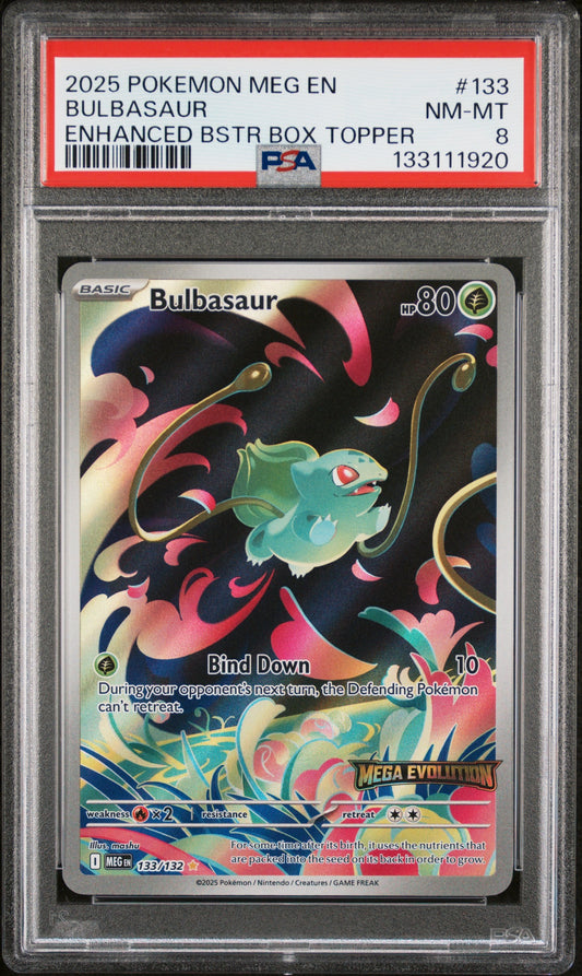 2025 Pokemon Meg En-Mega Evolution 133 Bulbasaur Enhanced Bstr Box Topper - PSA 8