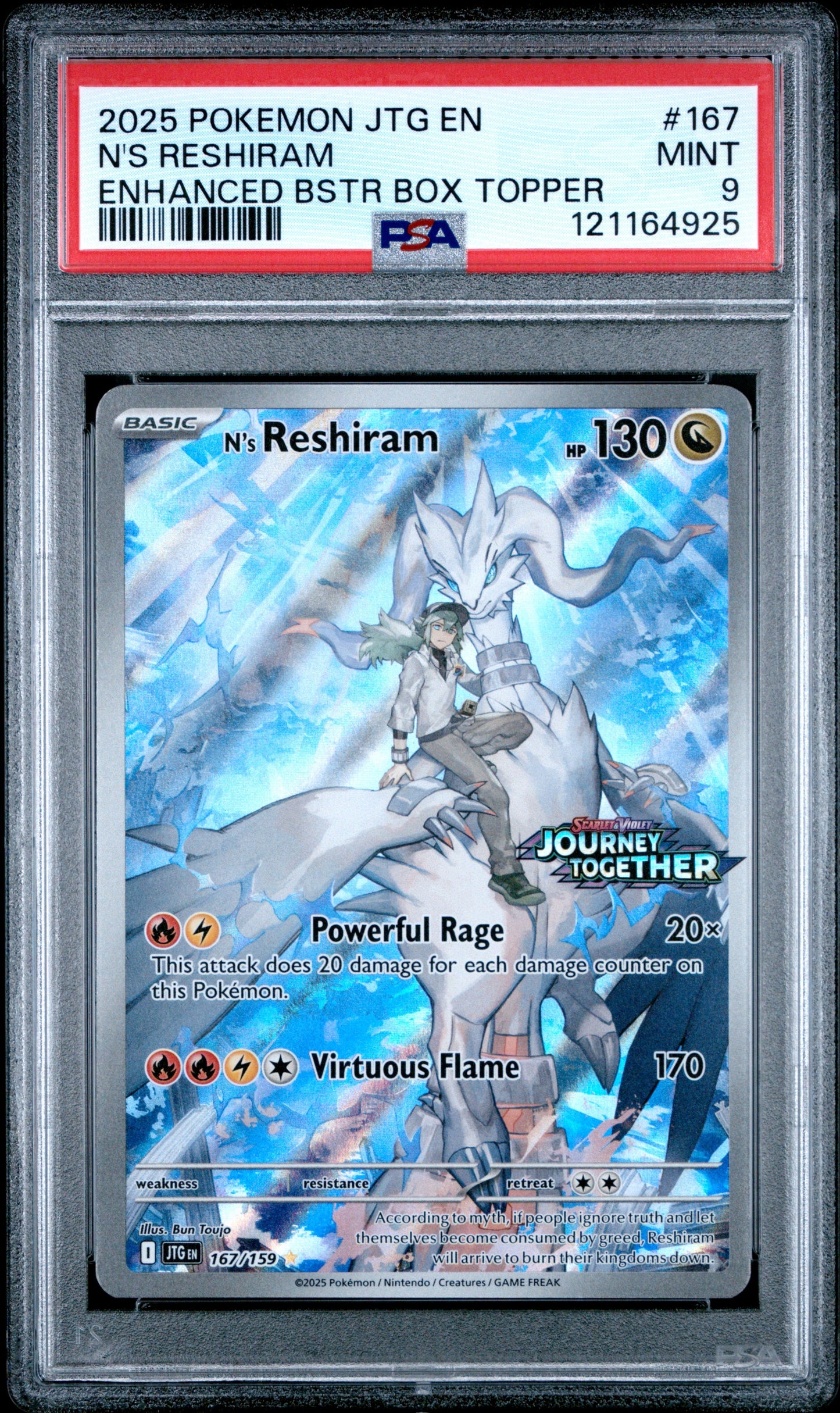 2025 Pokemon Jtg En-Journey Together 167 N's Reshiram Enhanced Bstr Box Topper - PSA 9