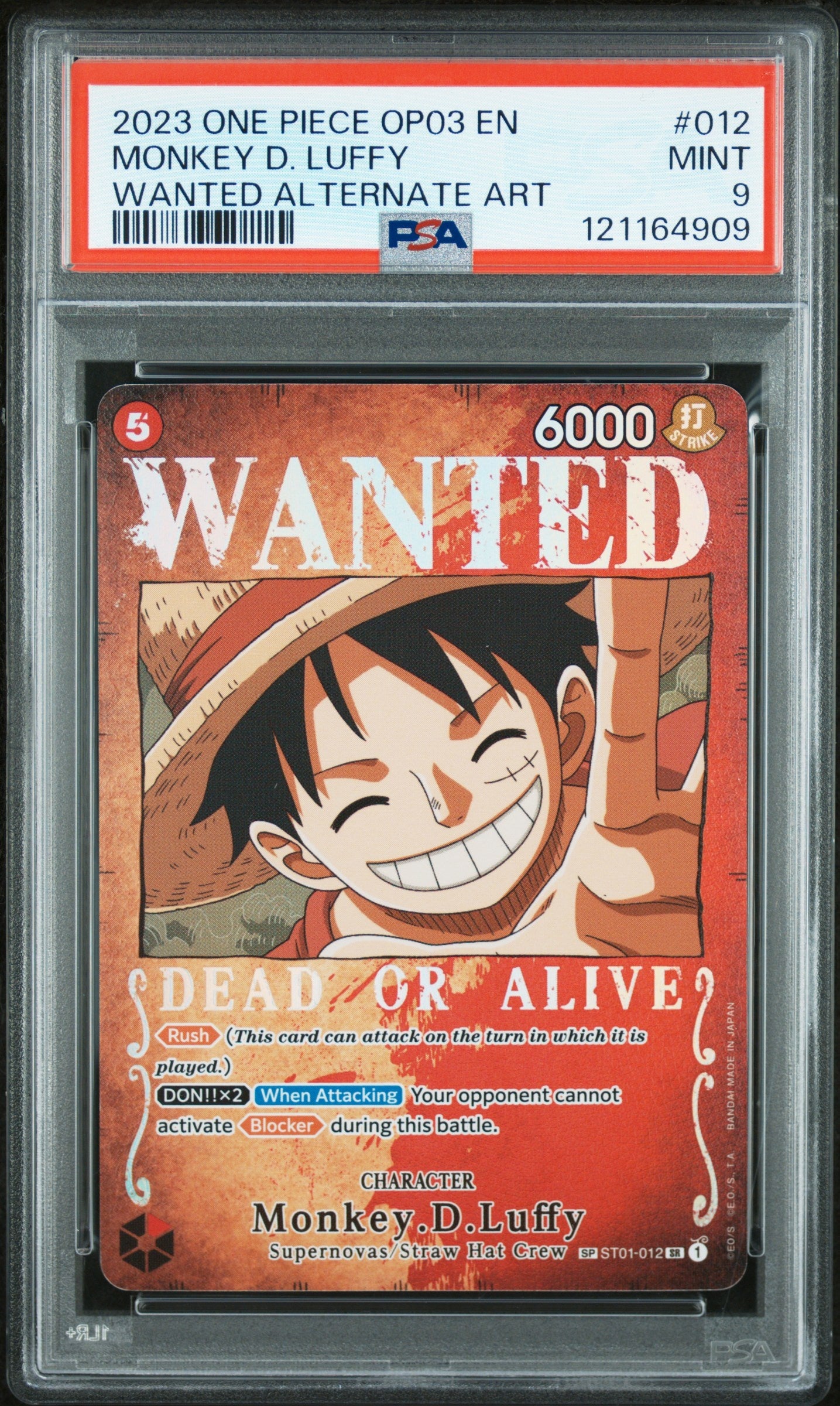 2023 One Piece Op03-Pillars Of Strength 012 Monkey D. Luffy Wanted Alternate Art - PSA 9