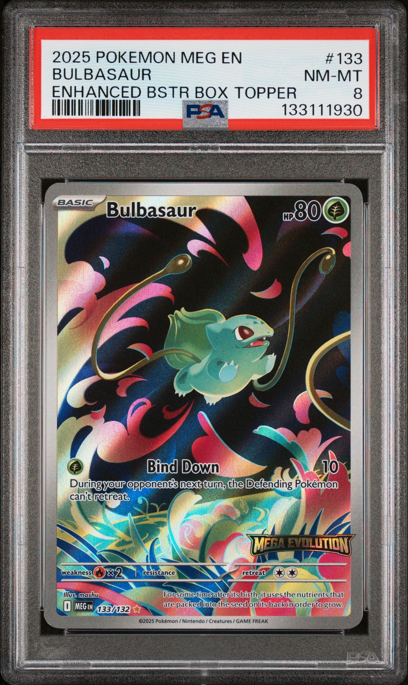 2025 Pokemon Meg En-Mega Evolution 133 Bulbasaur Enhanced Bstr Box Topper - PSA 8