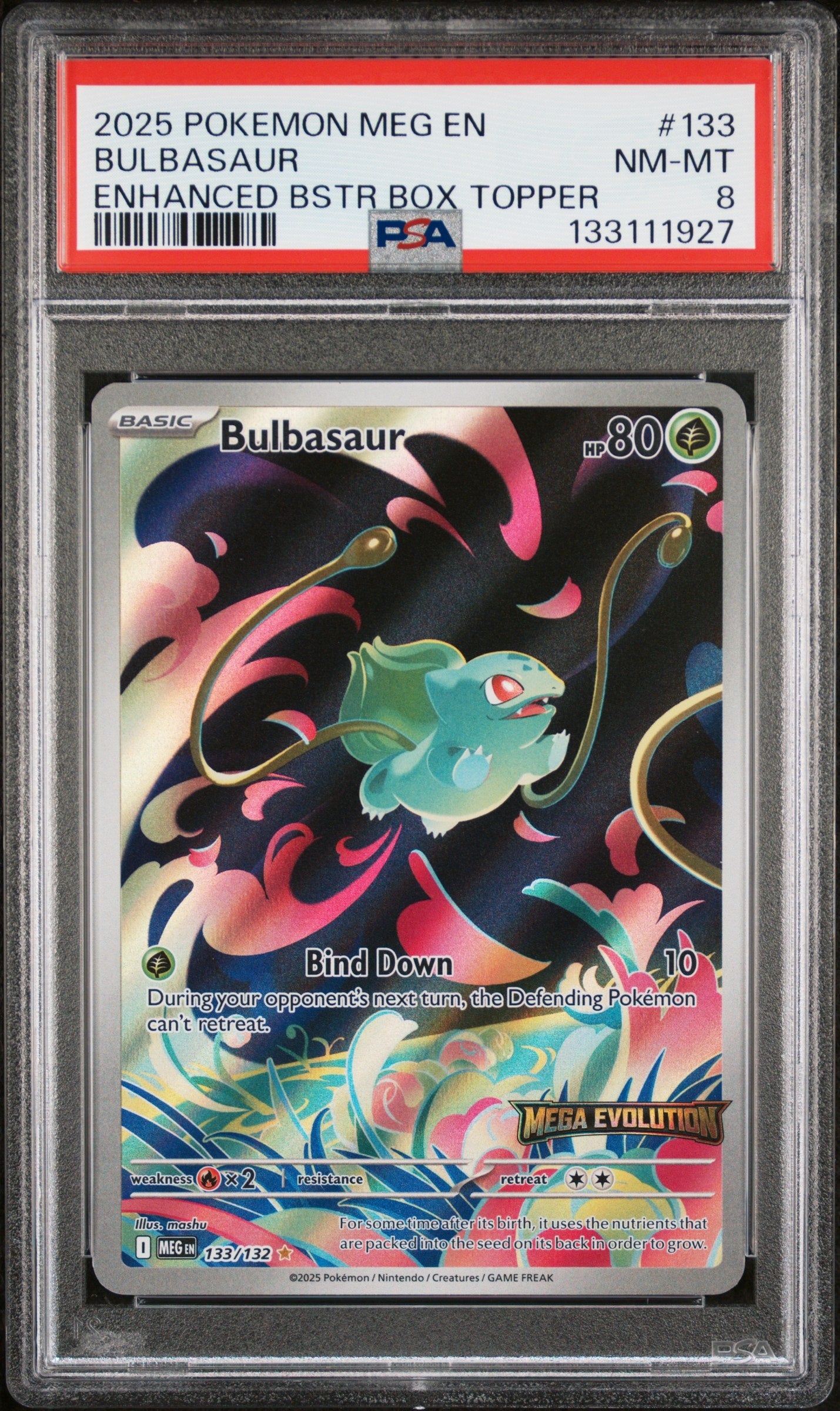 2025 Pokemon Meg En-Mega Evolution 133 Bulbasaur Enhanced Bstr Box Topper - PSA 8