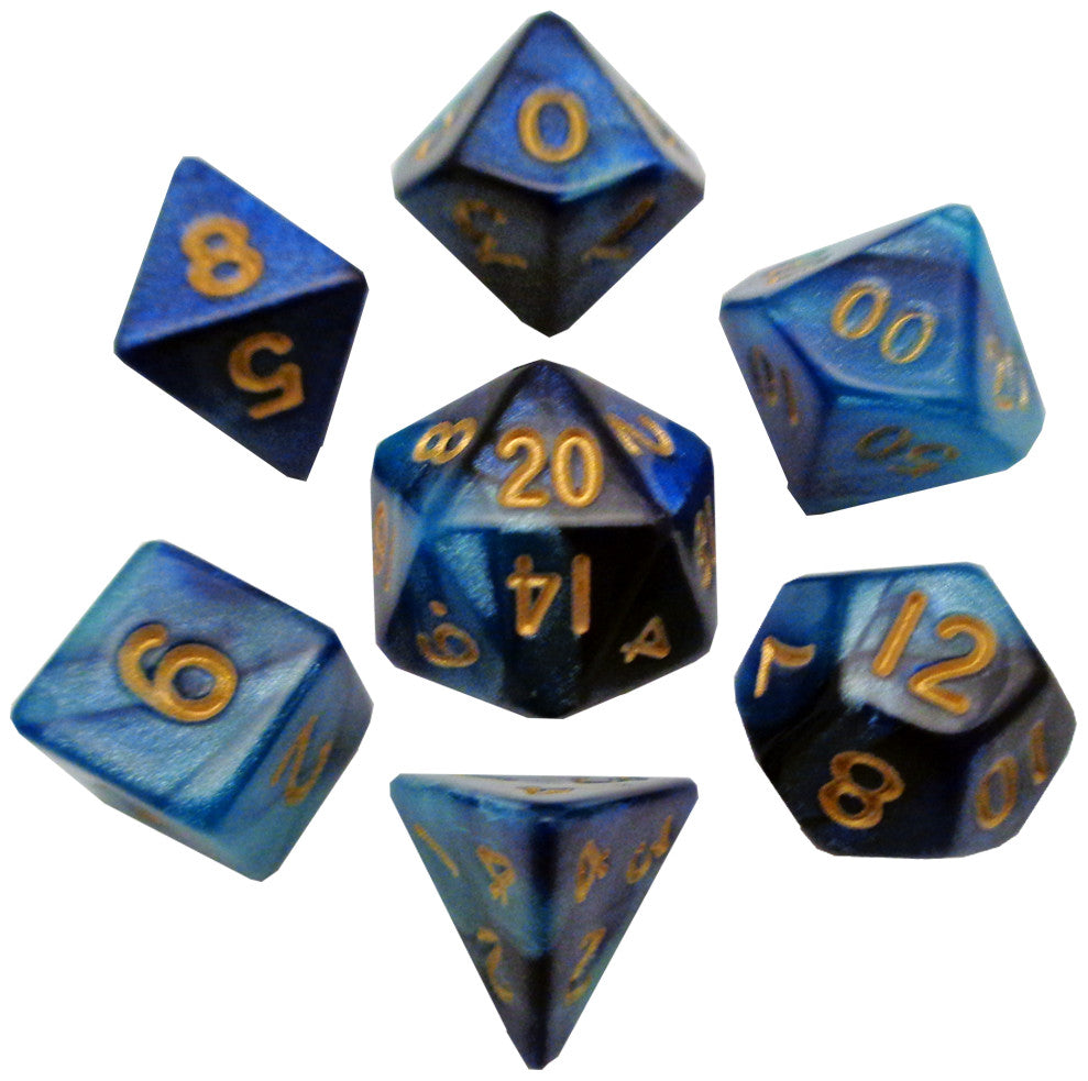 MDG Mini Polyhedral Dice Set Gold Numbers- Dark Blue/Light Blue